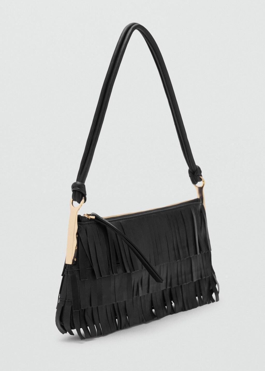Black Leather Shoulder Bag With Fringes, Black, large image number 2