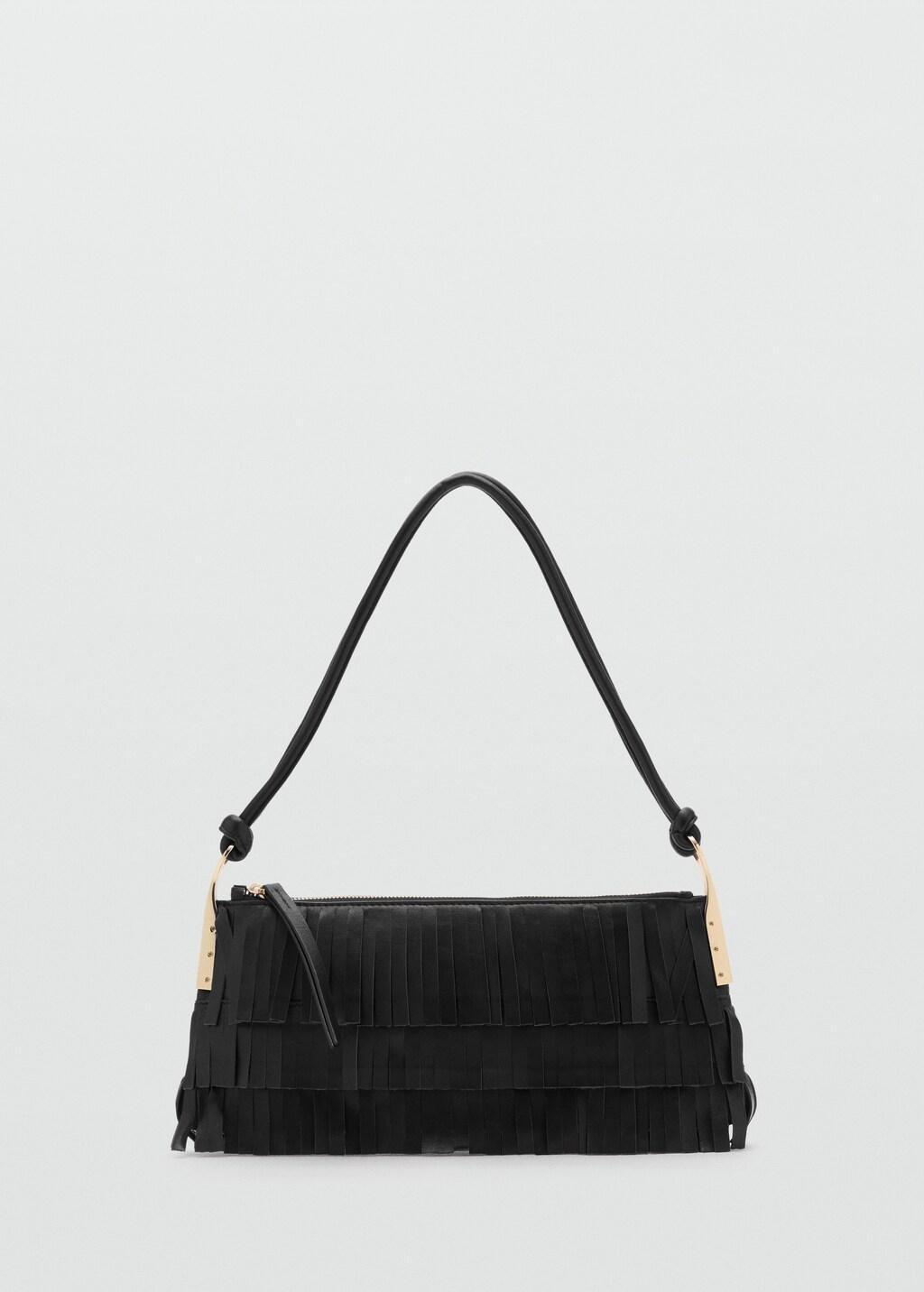 Black Leather Shoulder Bag With Fringes, Black, large image number 4