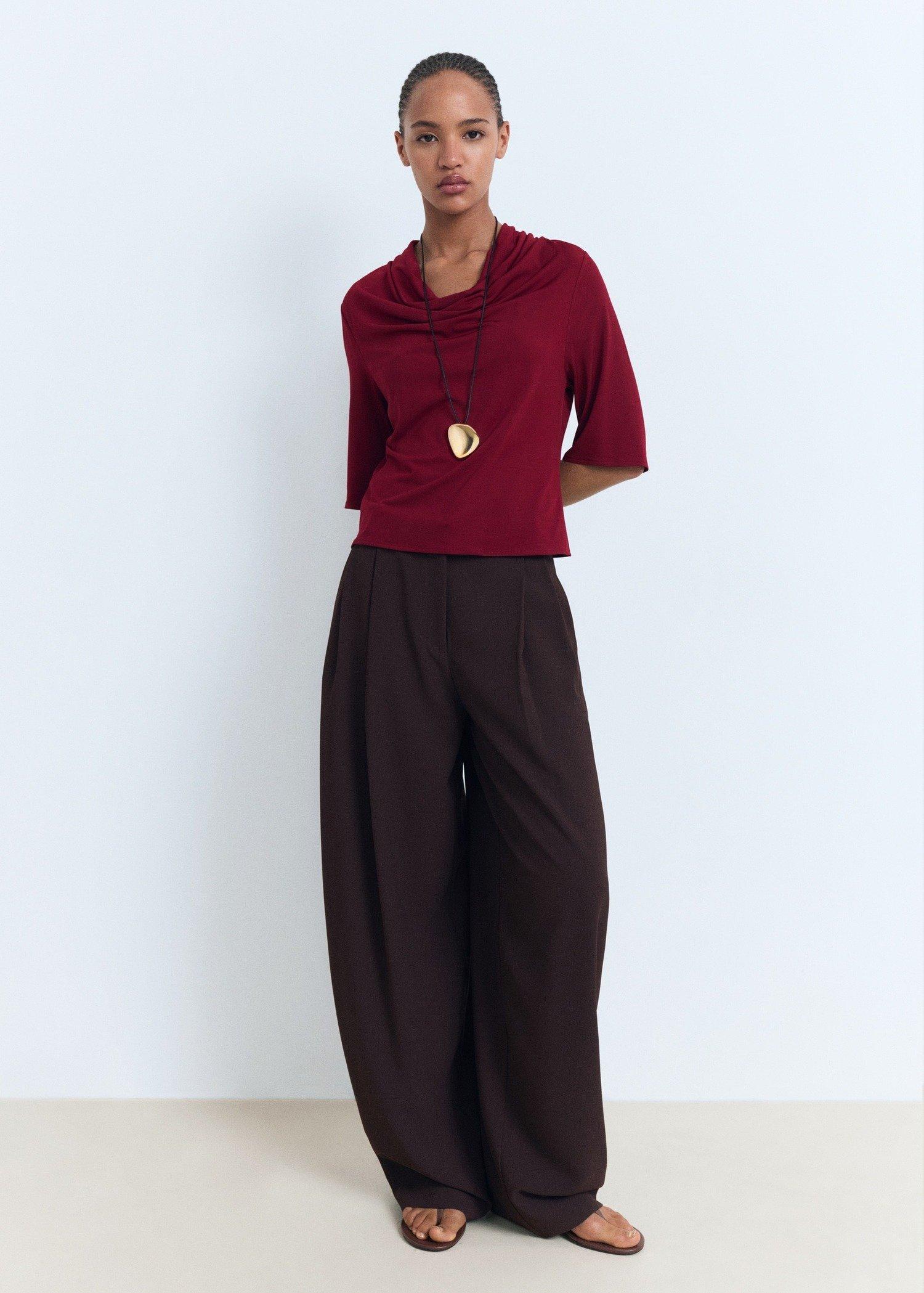 Red Draped Neck Top, Dark Red, medium