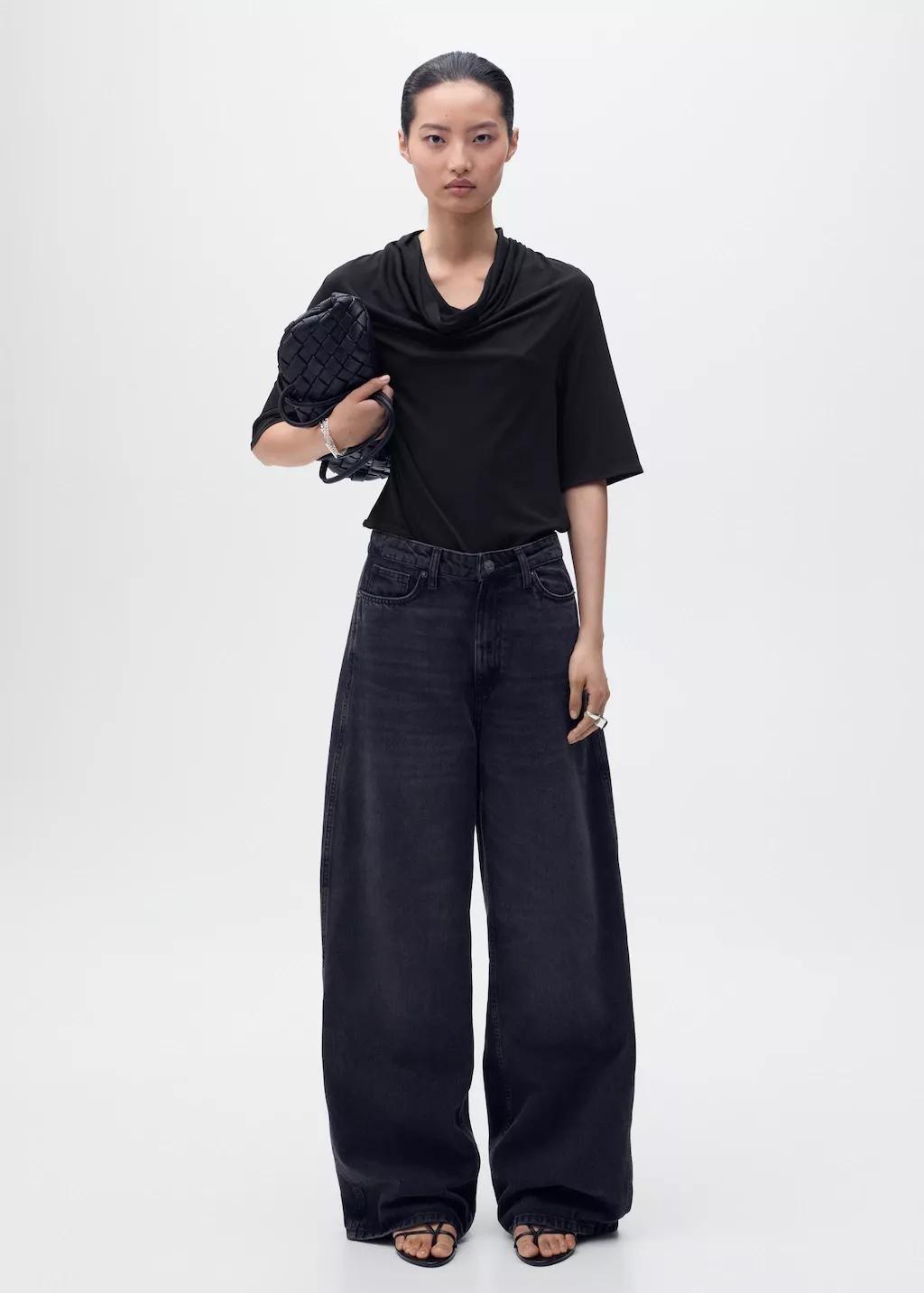 Black Draped Neck Top, , large image number 0