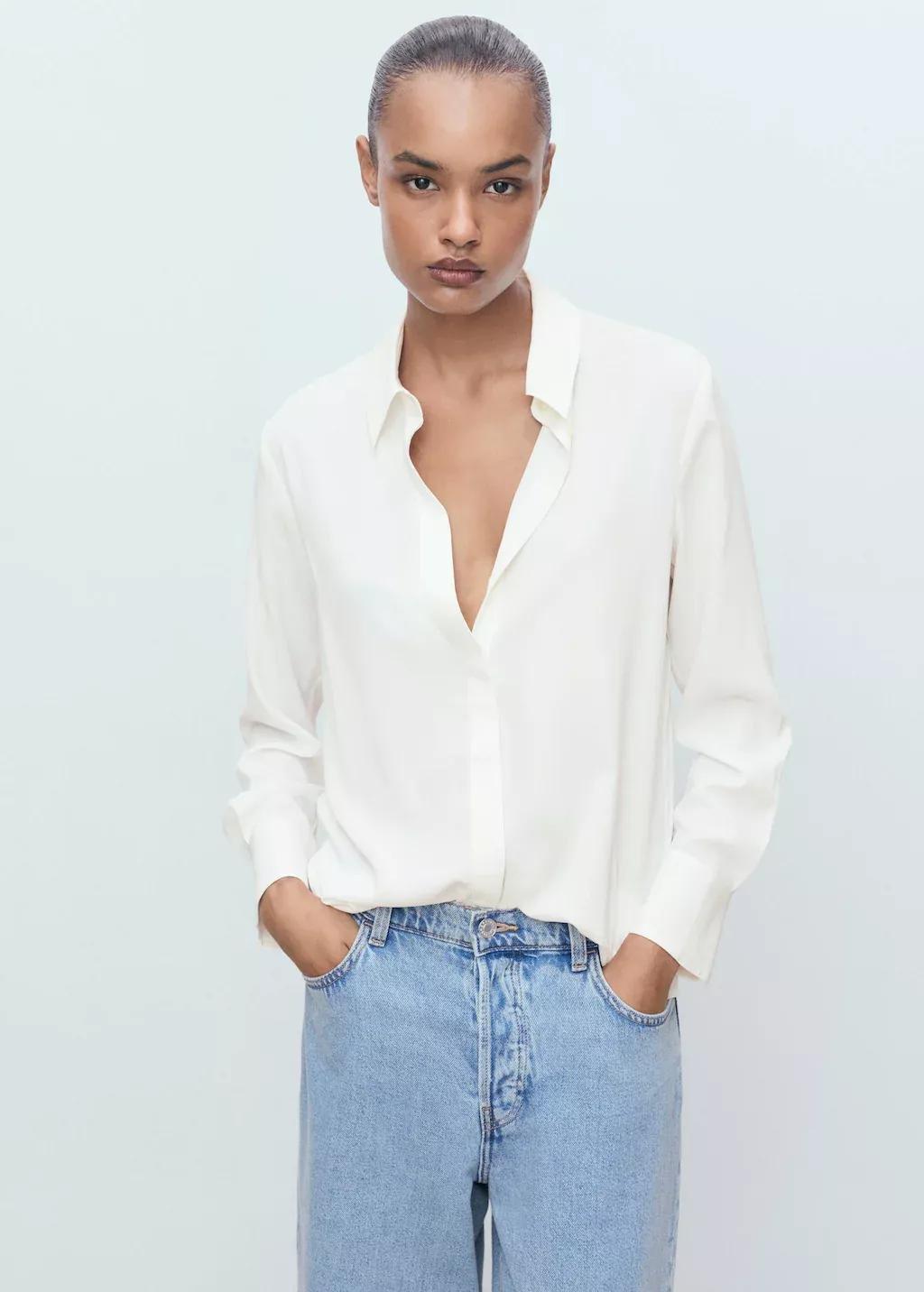 White Long-Sleeved Flowing Shirt, 0201_02, large image number 1