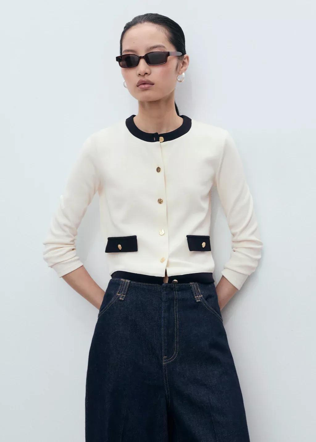 Beige Contrasting Cotton Cardigan, Light Beige, medium