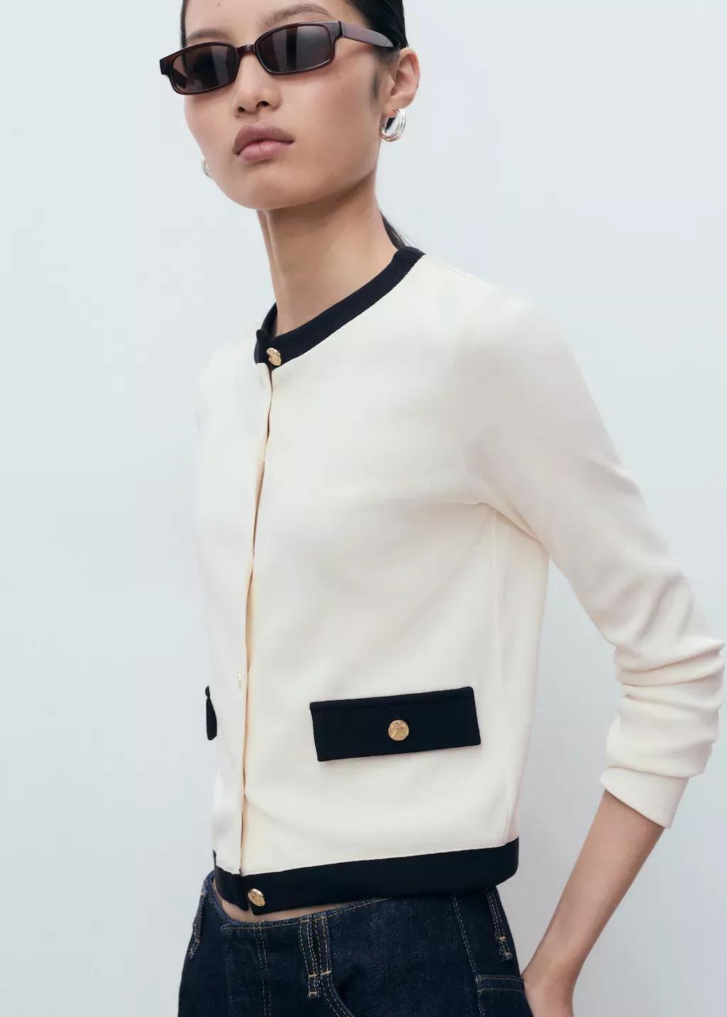 Beige Contrasting Cotton Cardigan, Light Beige, medium