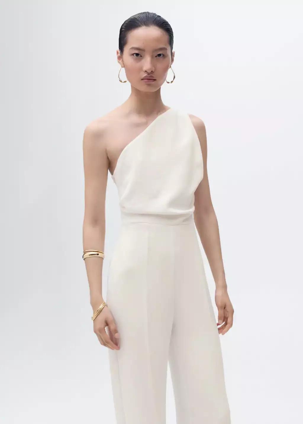 White Long asymmetrical draped jumpsuit, Natural White, medium