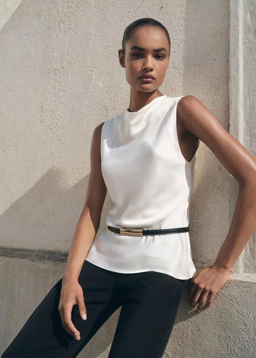 LIGHT BEIGE Satin blouse with draped neck, , large image number 1