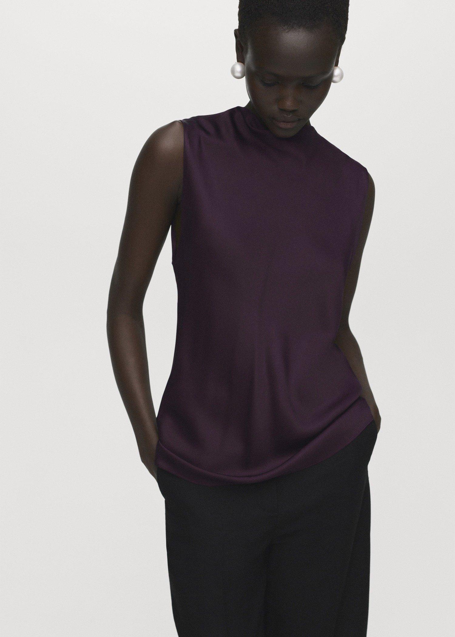 Burgundy Satin blouse with draped neck, , large image number 0