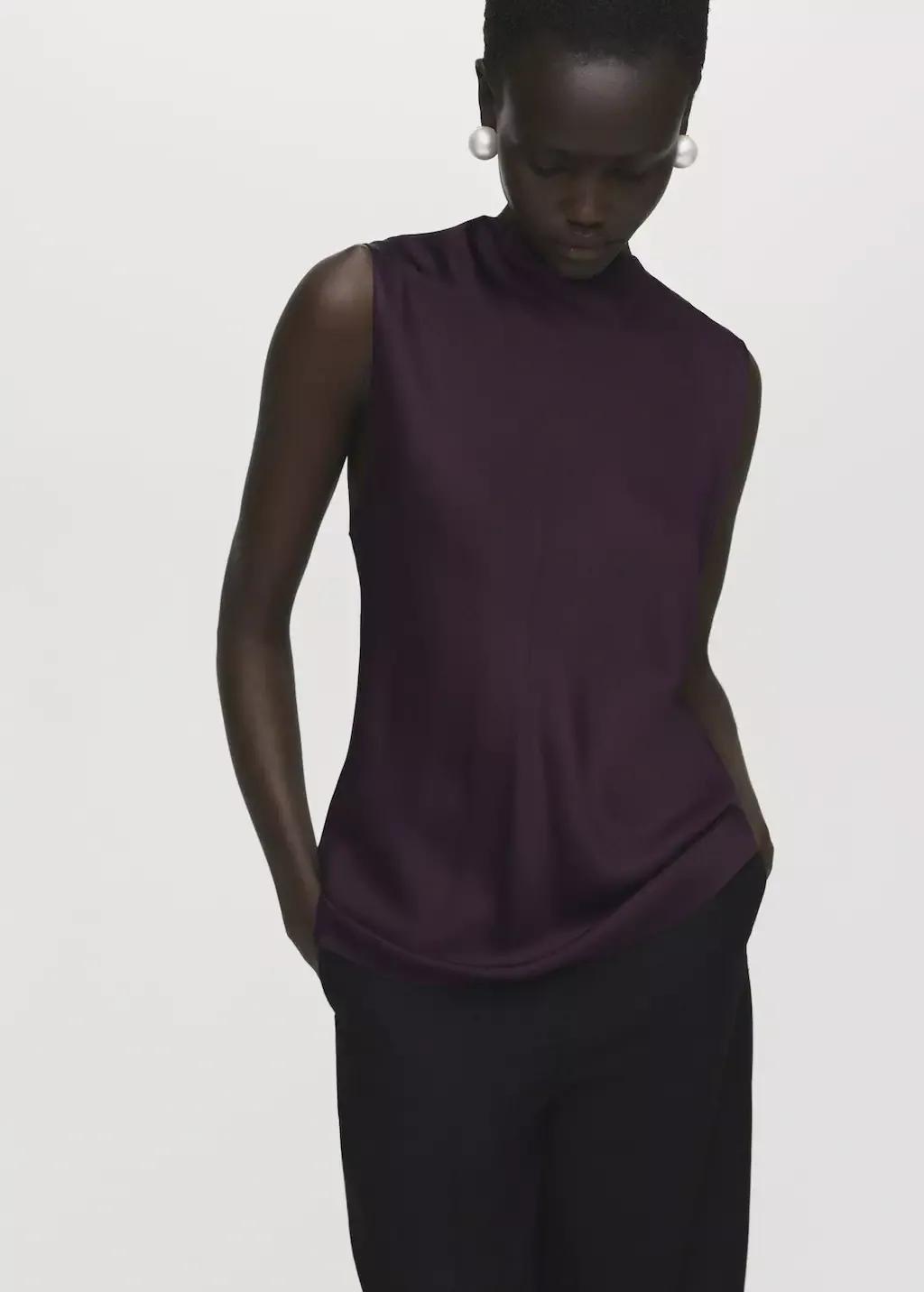 Burgundy Satin blouse with draped neck, , large image number 1