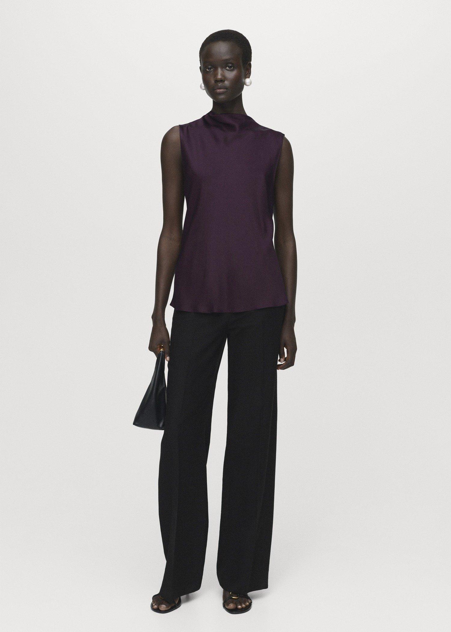 Burgundy Satin blouse with draped neck, Dark Red, medium