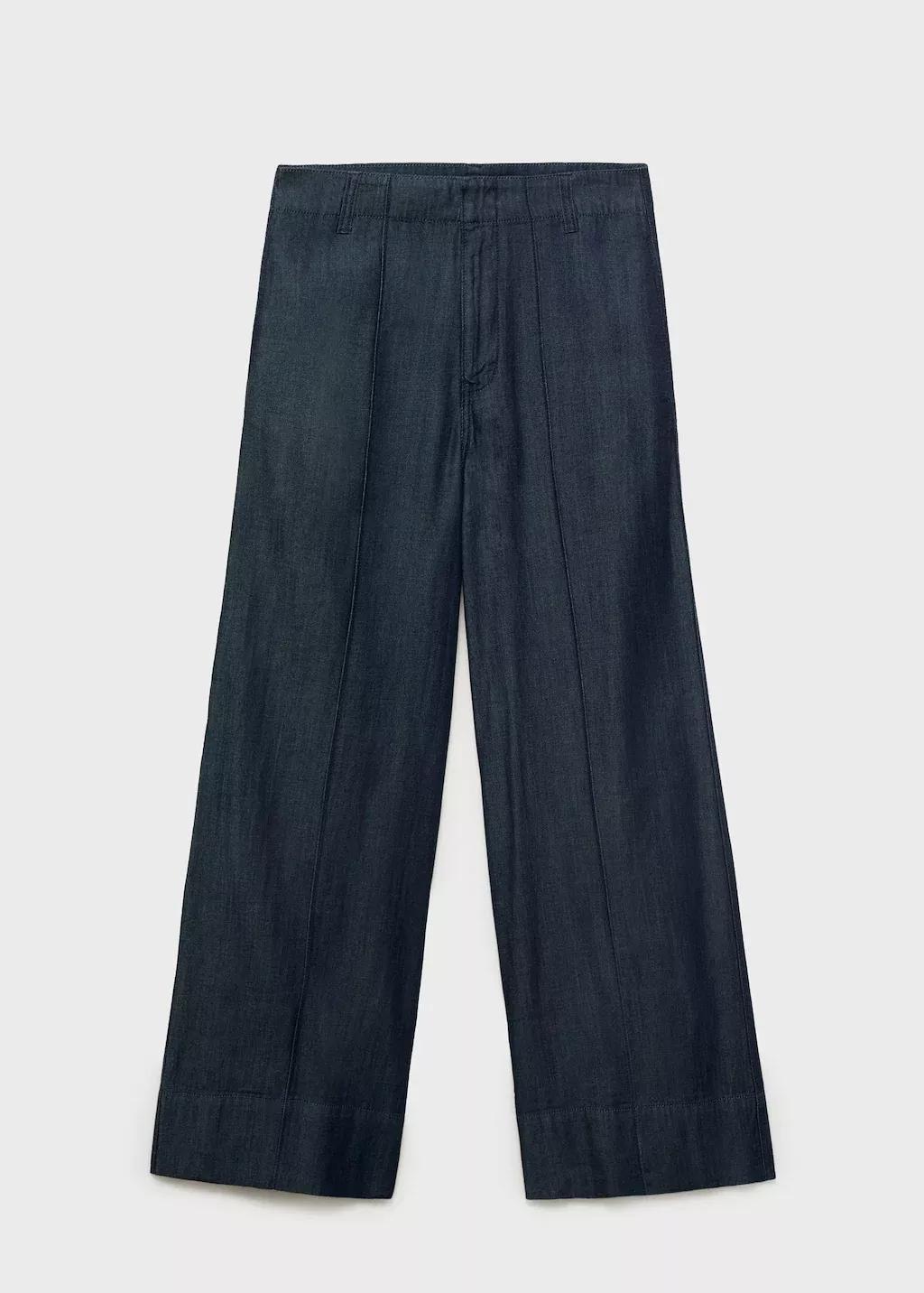 Blue Wide leg denim pants with stitching, , large image number 0