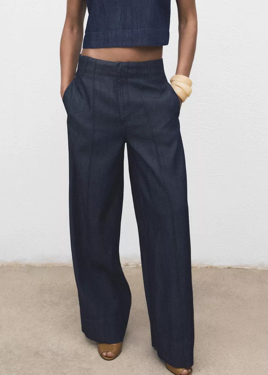 Blue Wide leg denim pants with stitching, , large image number 1