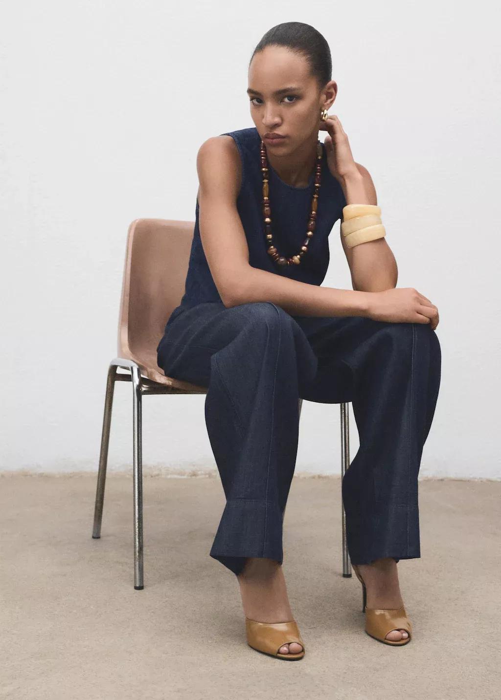 Blue Wide leg denim pants with stitching, Open Blue, medium