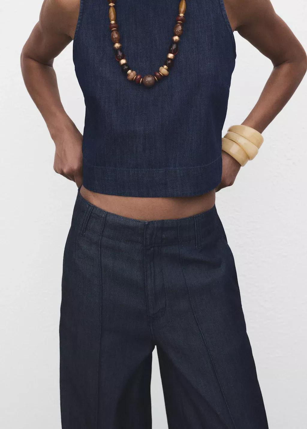 Blue Wide leg denim pants with stitching, , large image number 5