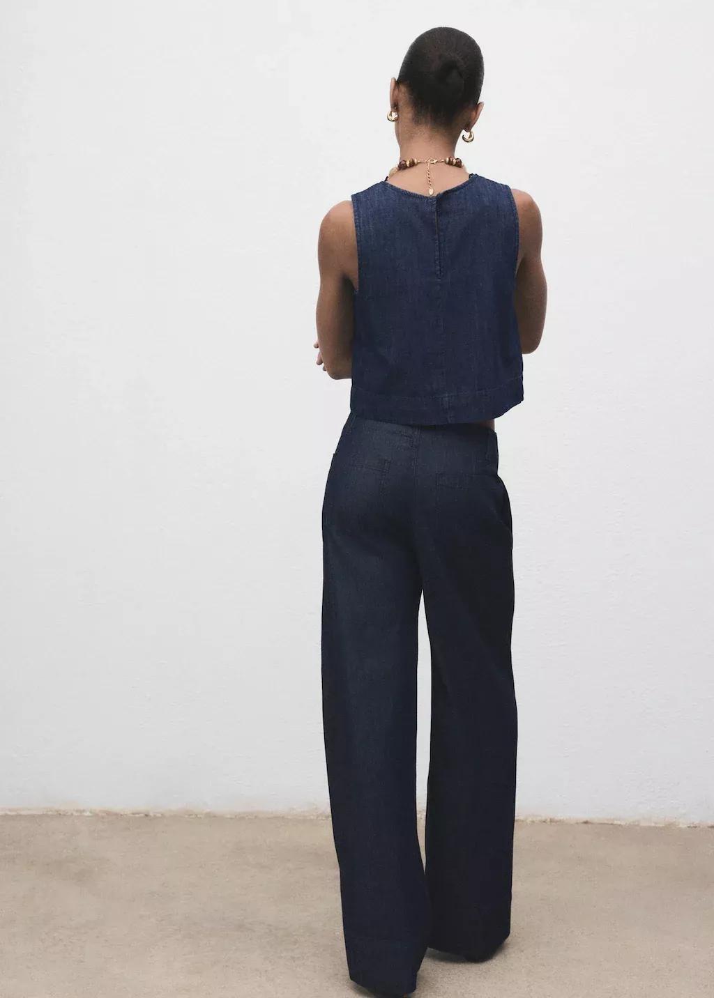 Blue Wide leg denim pants with stitching, , large image number 6