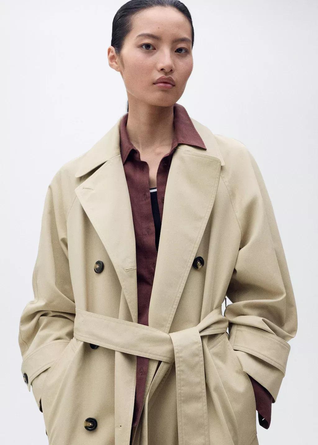 Beige Long Double-Breasted Trench Coat, , large image number 0