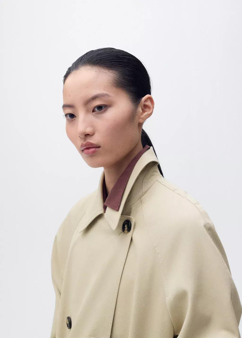 Beige Long Double-Breasted Trench Coat, , large image number 1