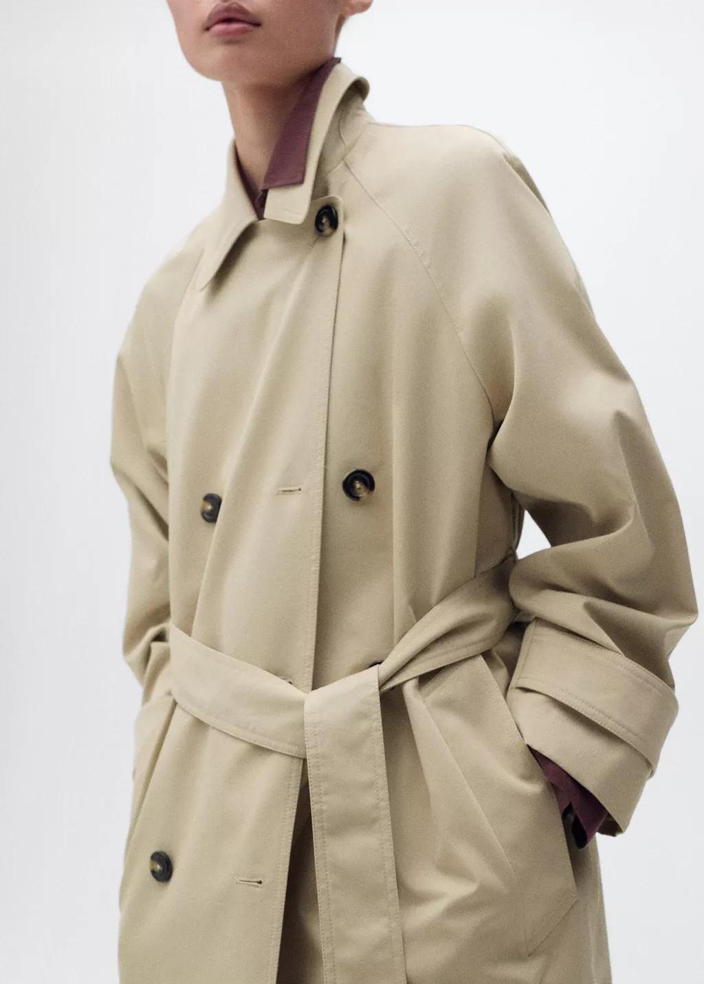 Beige Long Double-Breasted Trench Coat, , large image number 2