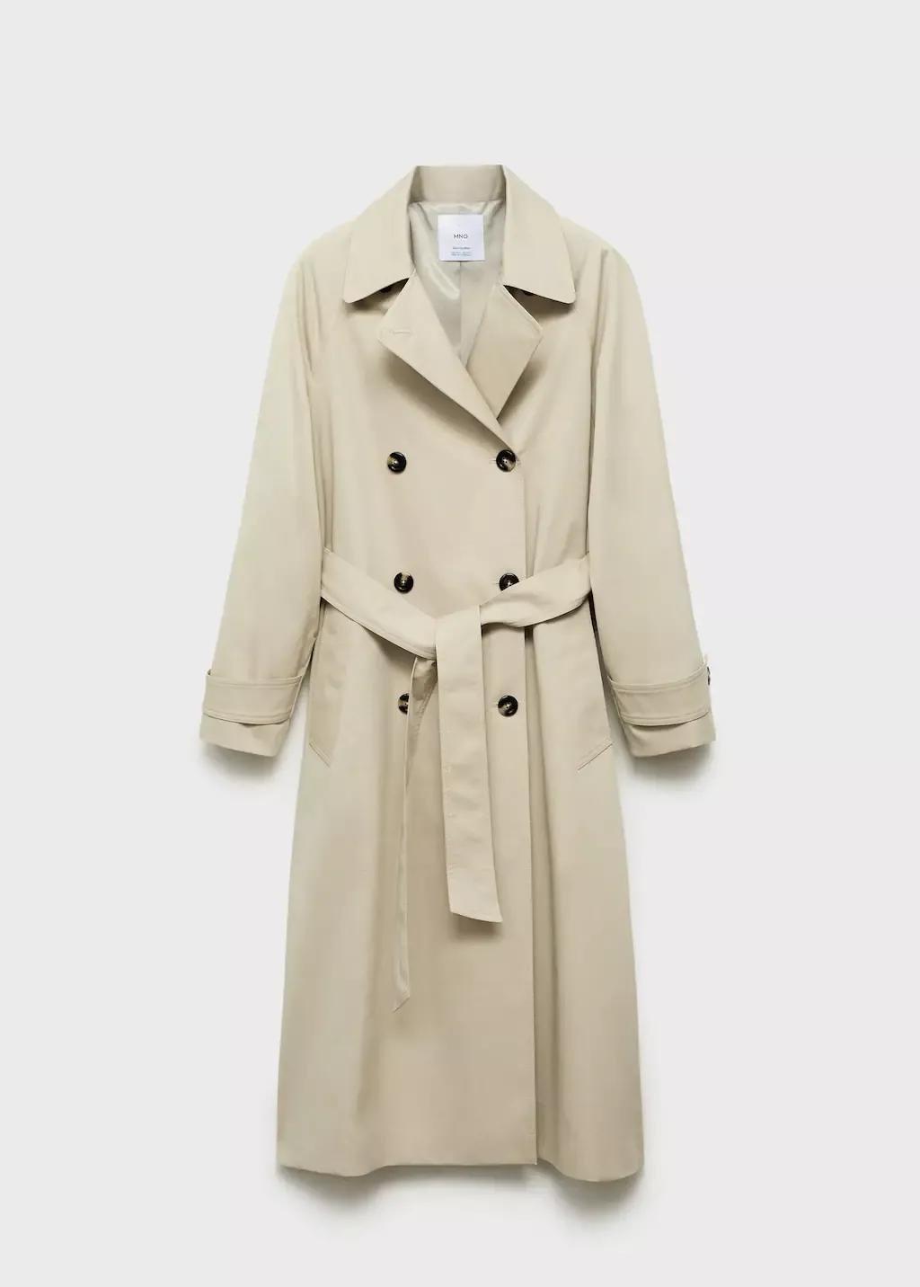 Beige Long Double-Breasted Trench Coat, , large image number 3
