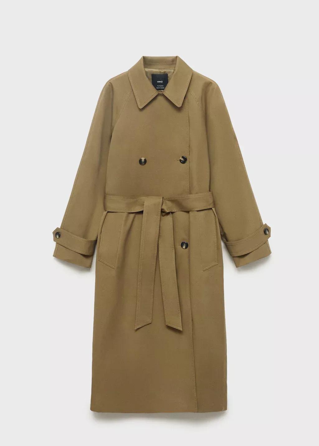 Khaki Long Double-Breasted Trench Coat, , large image number 0