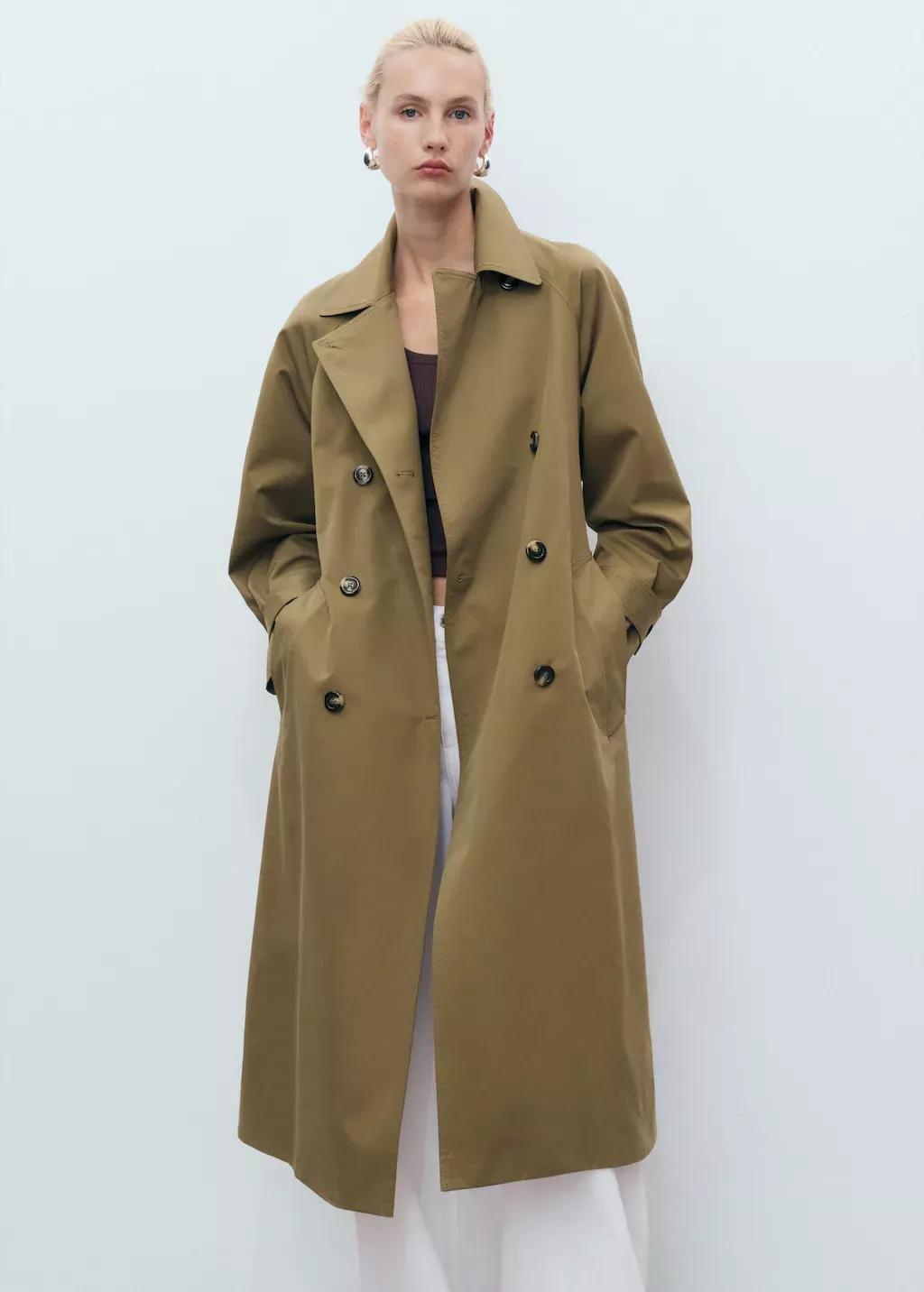 Khaki Long Double-Breasted Trench Coat, , large image number 1