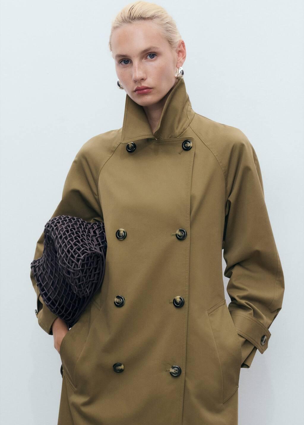 Khaki Long Double-Breasted Trench Coat, , large image number 3