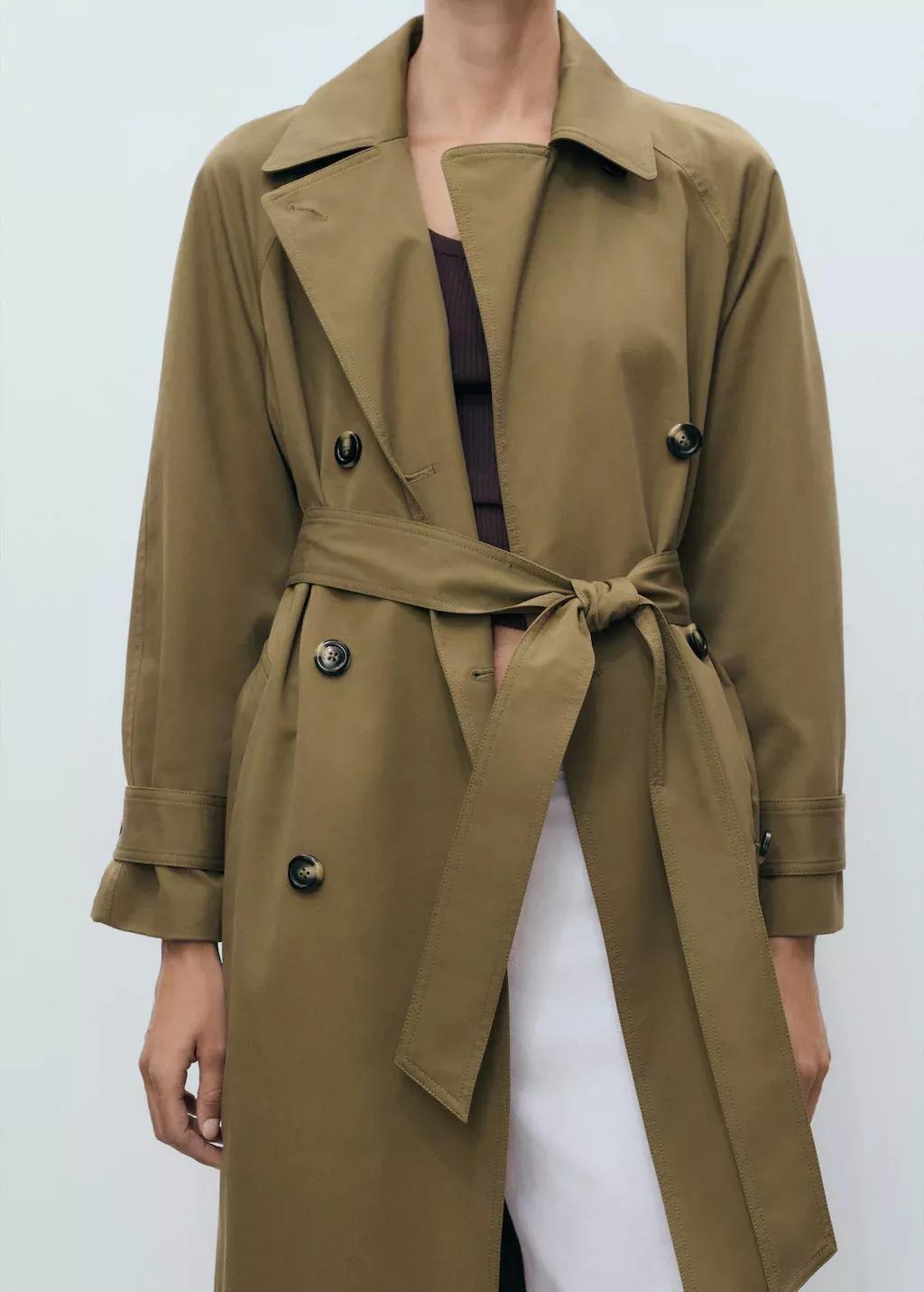 Khaki Long Double-Breasted Trench Coat, , large image number 5