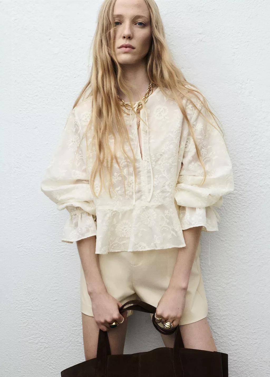 Beige Embroidered Lyocell Blouse, , large image number 6