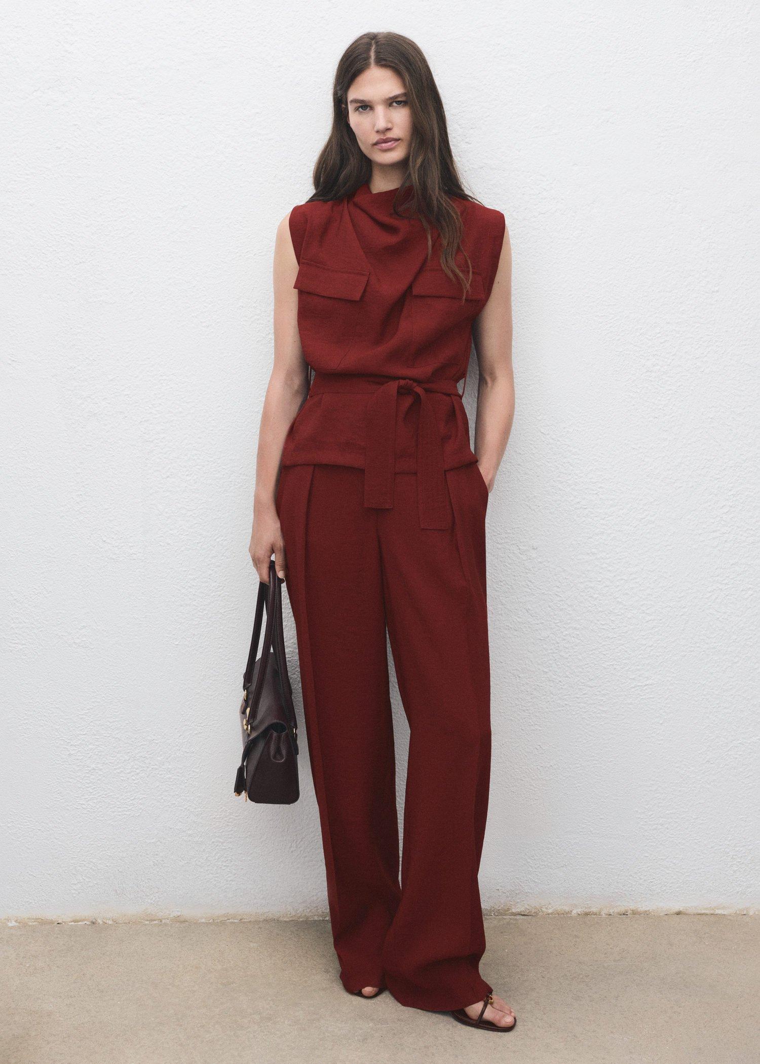 Red Blouse With Draped Neck And Belt, , large image number 0