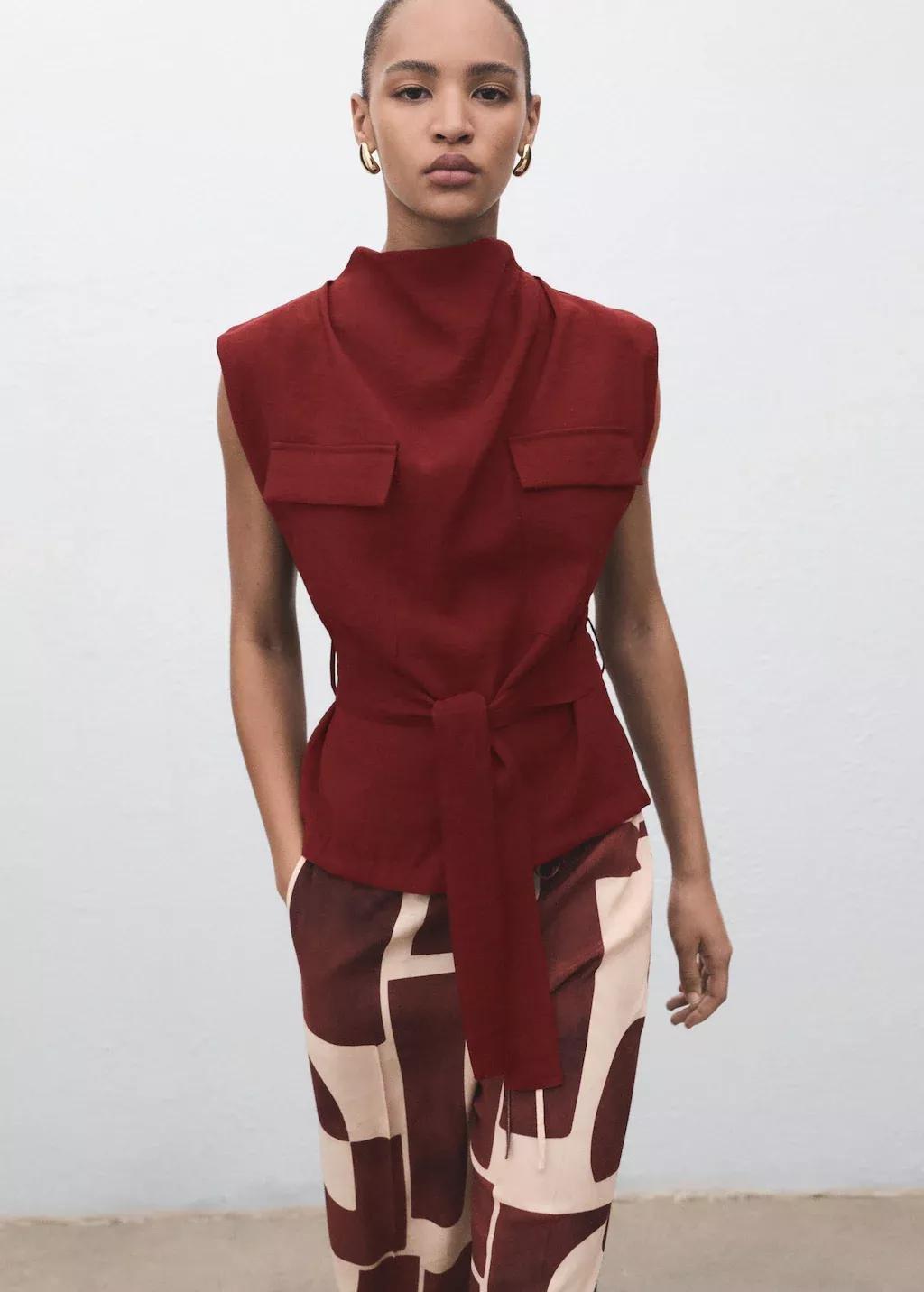 Red Blouse With Draped Neck And Belt, Medium Red, large image number 1