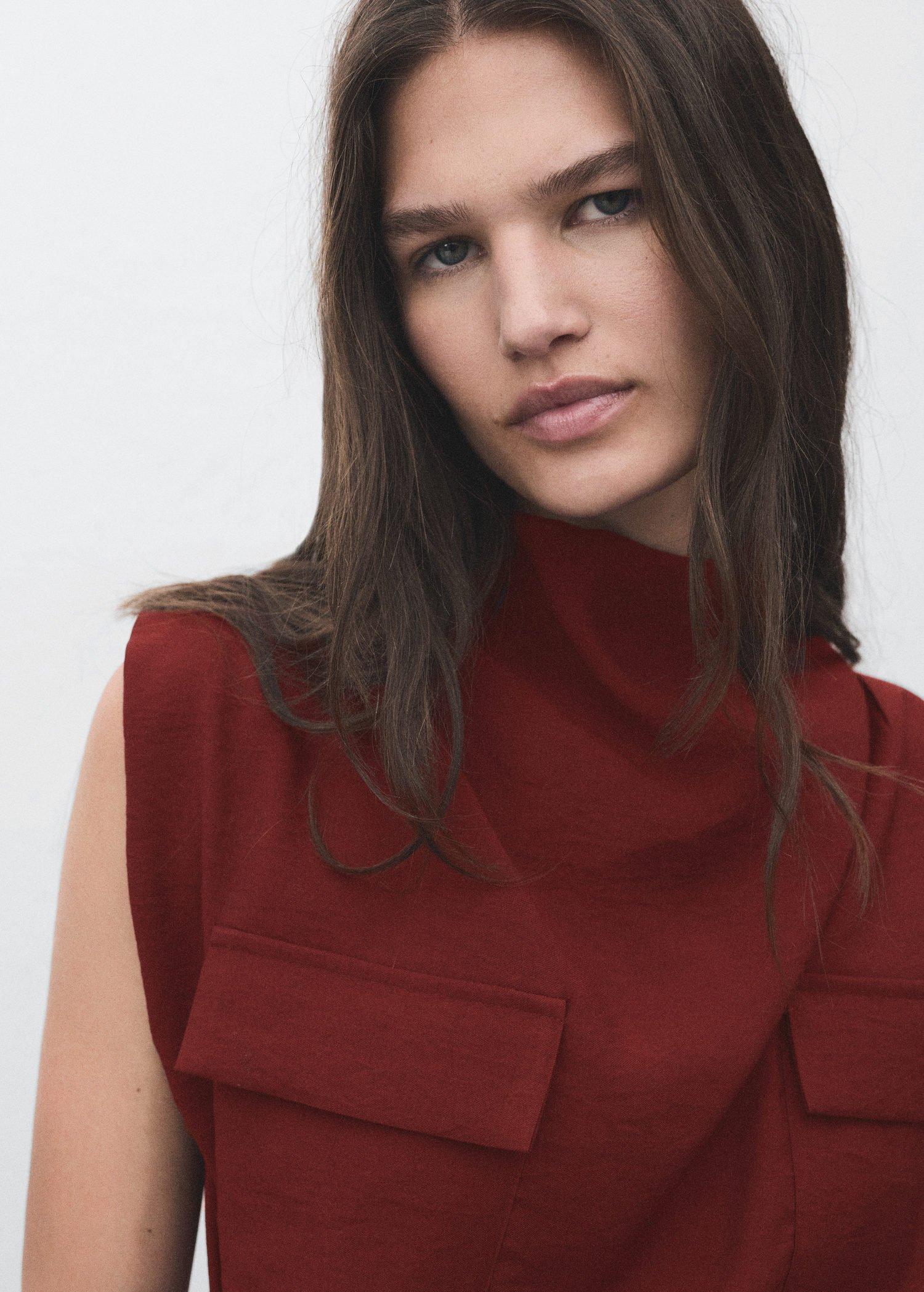 Red Blouse With Draped Neck And Belt, , large image number 2