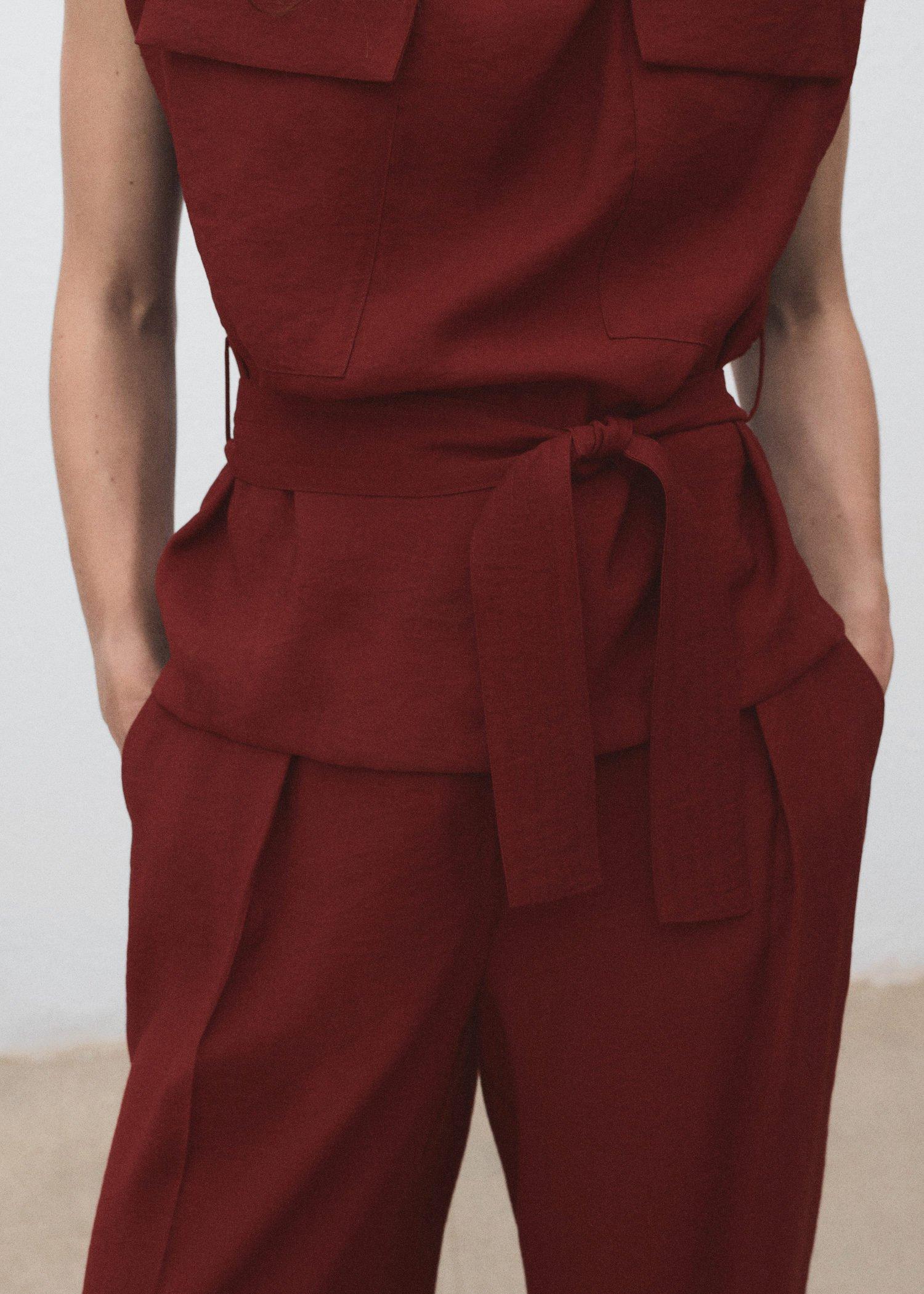 Red Blouse With Draped Neck And Belt, , large image number 3