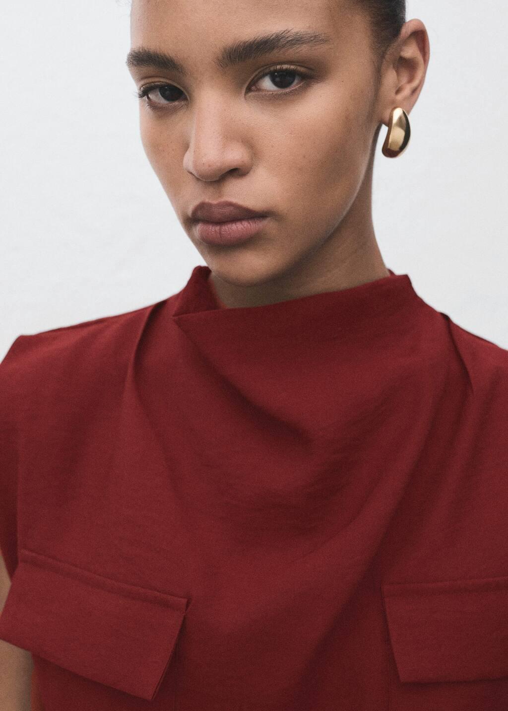 Red Blouse With Draped Neck And Belt, Medium Red, large image number 3
