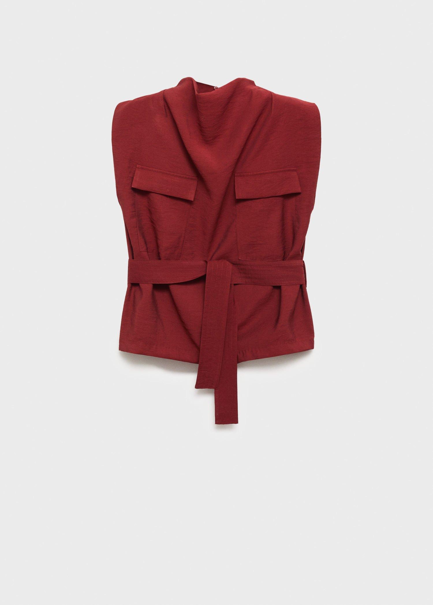 Red Blouse With Draped Neck And Belt, , large image number 4