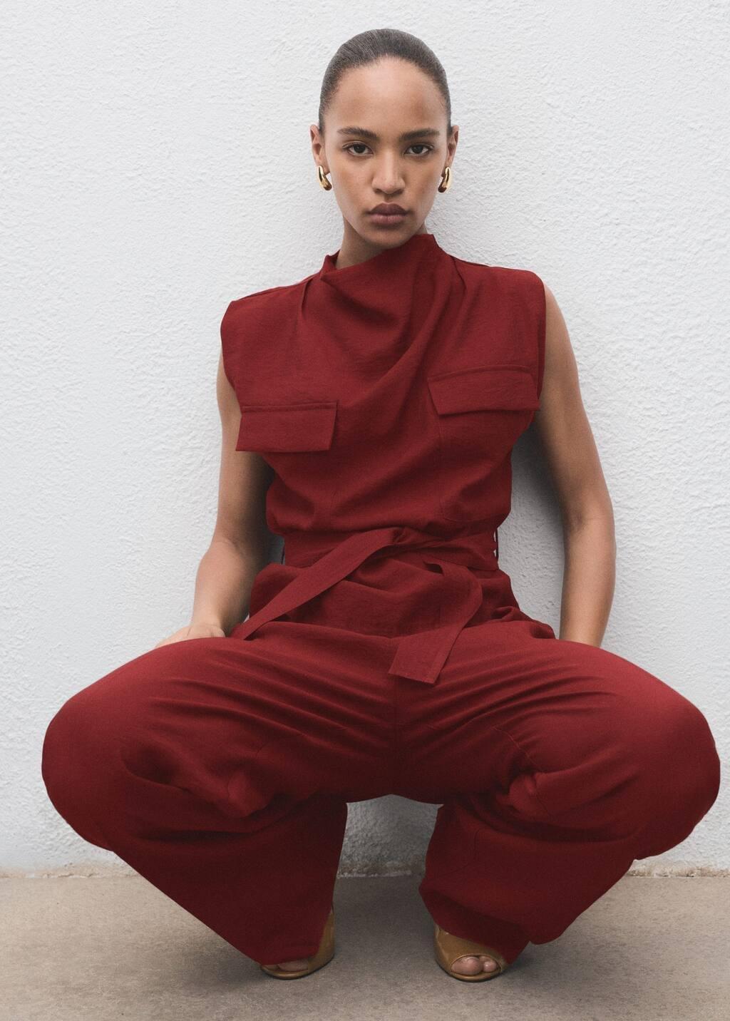 Red Blouse With Draped Neck And Belt, Medium Red, large image number 5