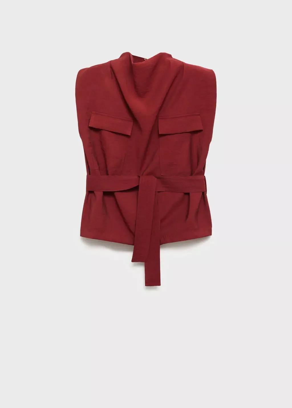 Red Blouse With Draped Neck And Belt, Medium Red, large image number 7