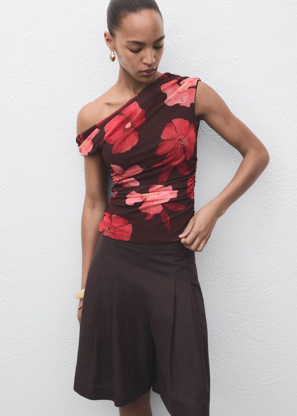 Brown Floral Asymmetrical Top, Brown, large image number 6