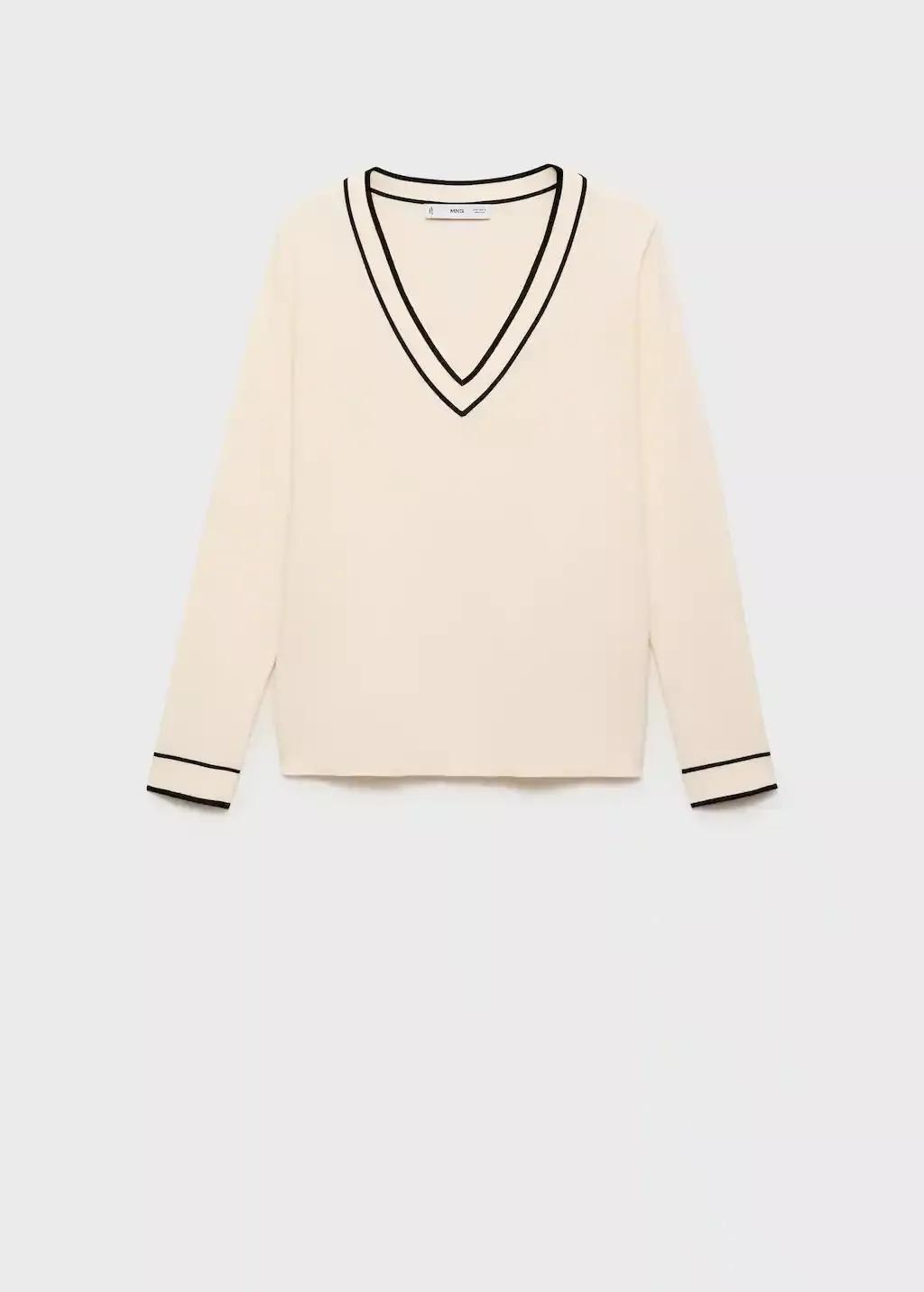 Beige Contrasting V-Neck Sweater, , large image number 0