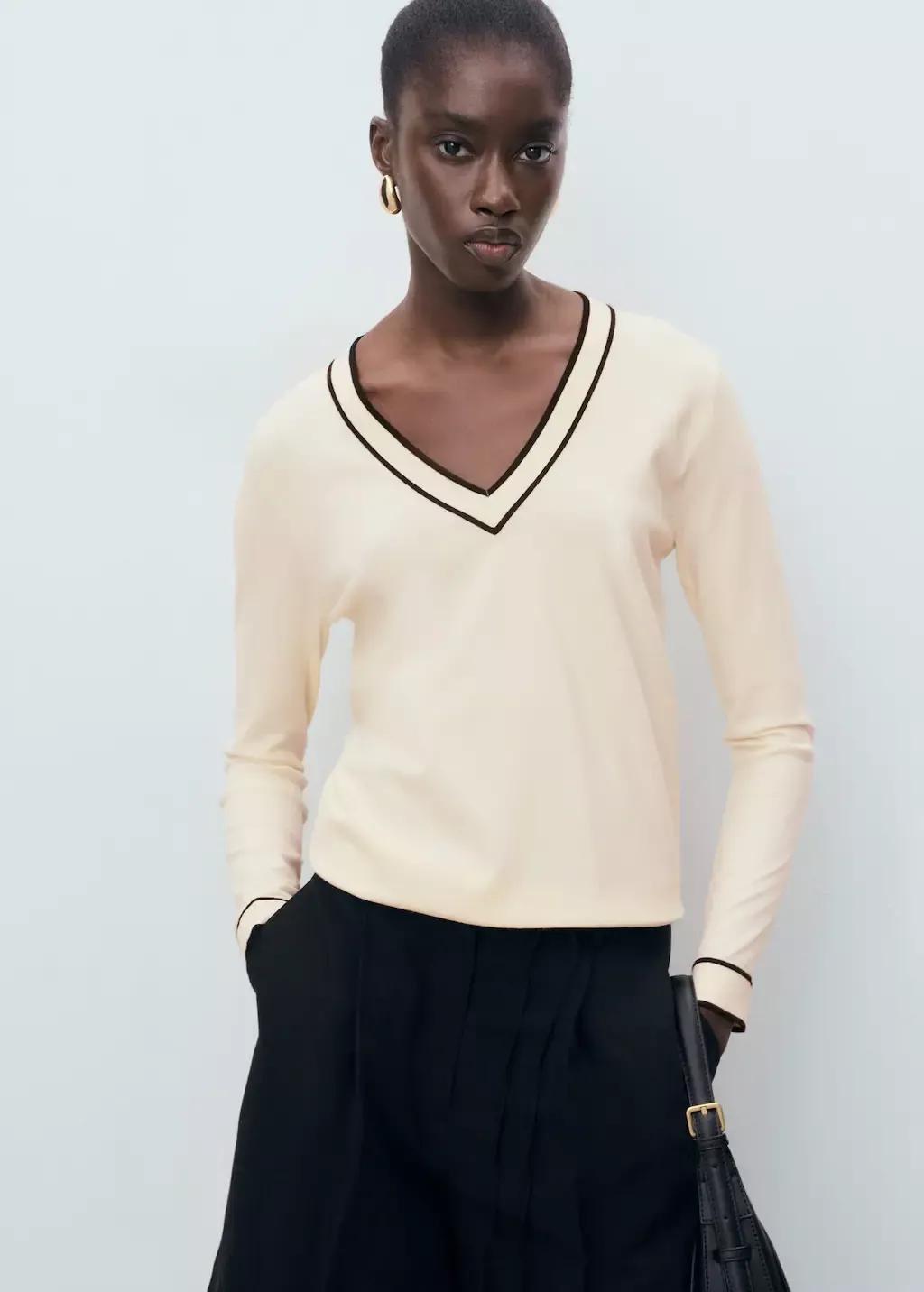 Beige Contrasting V-Neck Sweater, , large image number 1