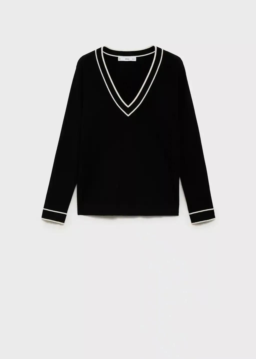 Black Contrasting V-Neck Sweater, , large image number 0
