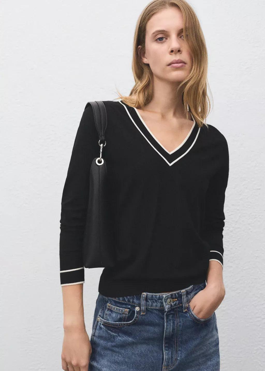 Black Contrasting V-Neck Sweater, , large image number 1