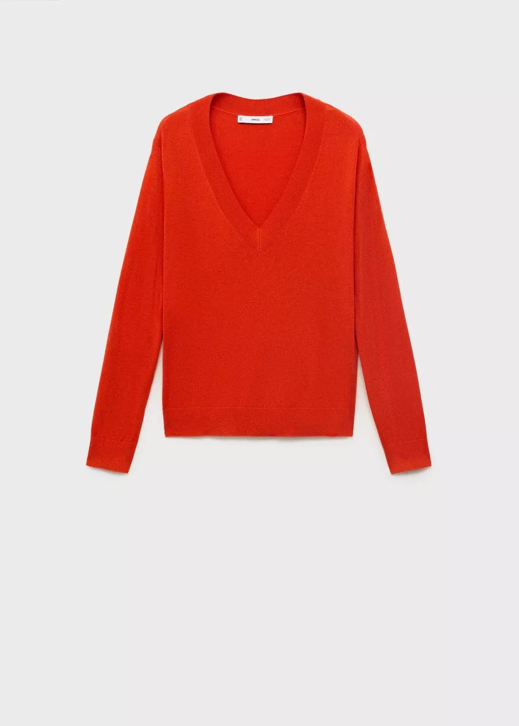 Orange V-Neck Knit Sweater, Dark Orange, medium
