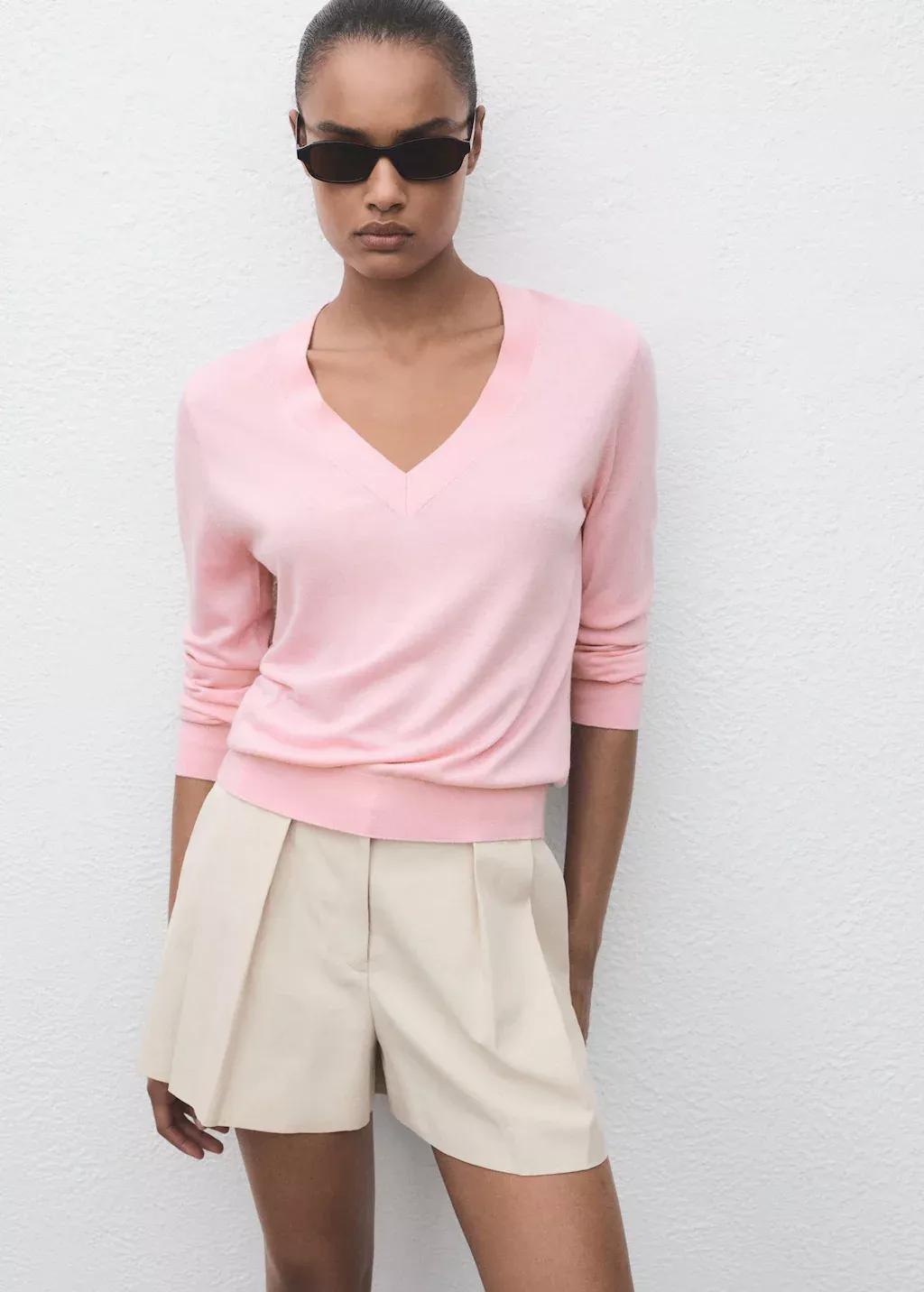 Pink V-Neck Knit Sweater, Pink, large image number 1
