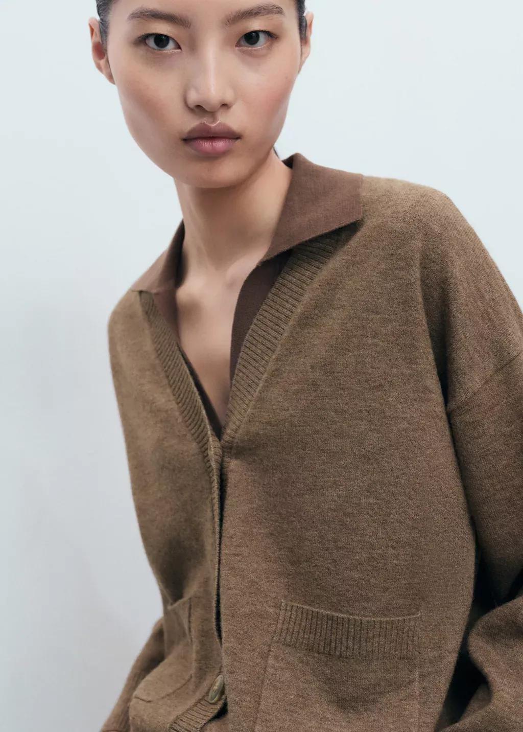 Brown V-Neck Cardigan With Pockets, Medium Brown, large image number 0