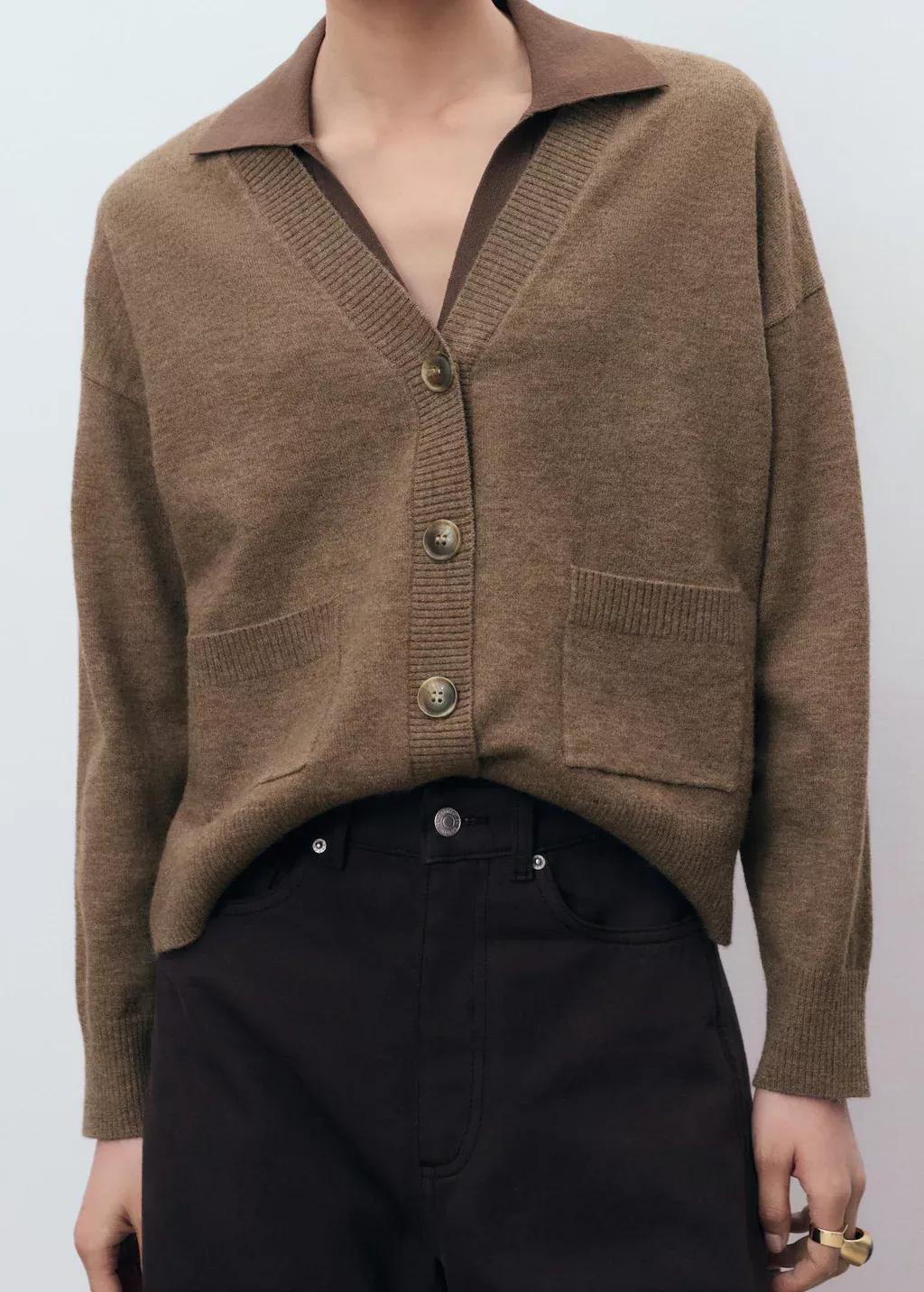 Brown V-Neck Cardigan With Pockets, Medium Brown, large image number 2