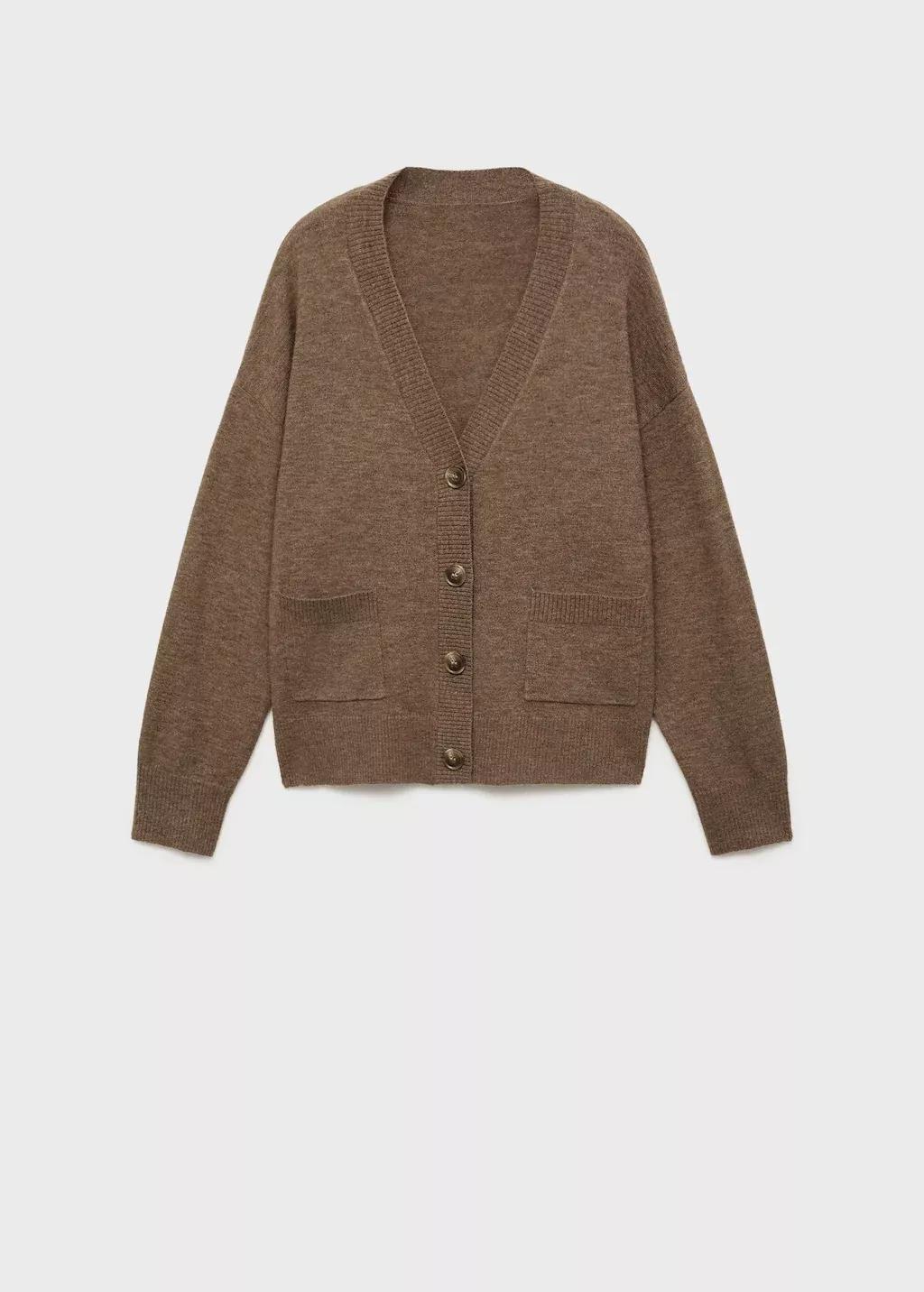 Brown V-Neck Cardigan With Pockets, Medium Brown, large image number 3