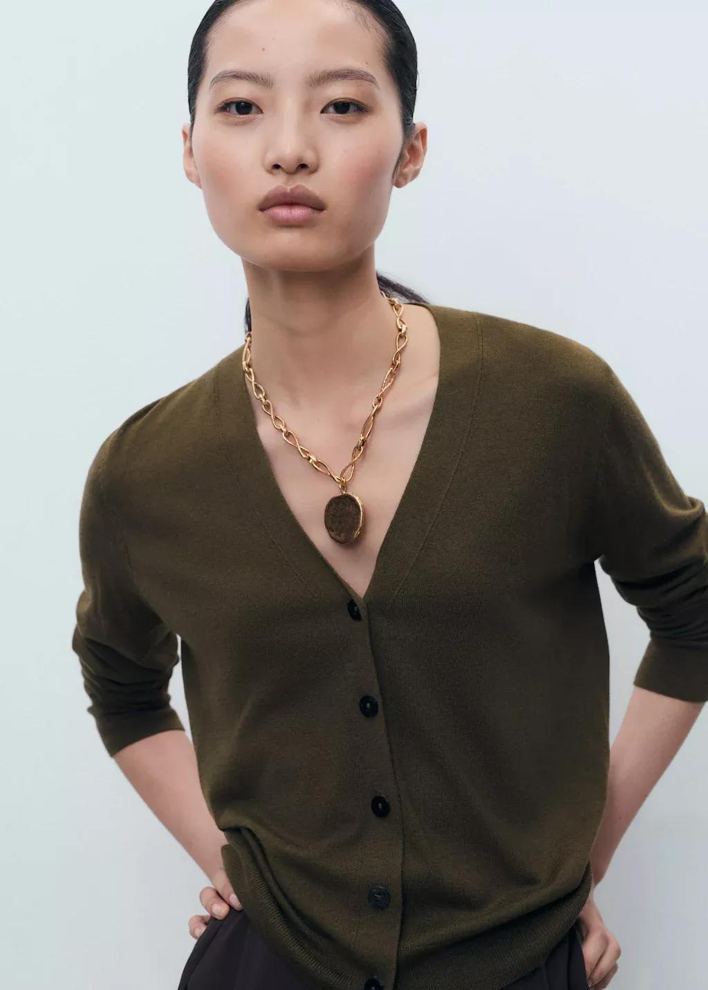 BEIGE - KHAKI V-neck knitted cardigan, 0201_37, medium