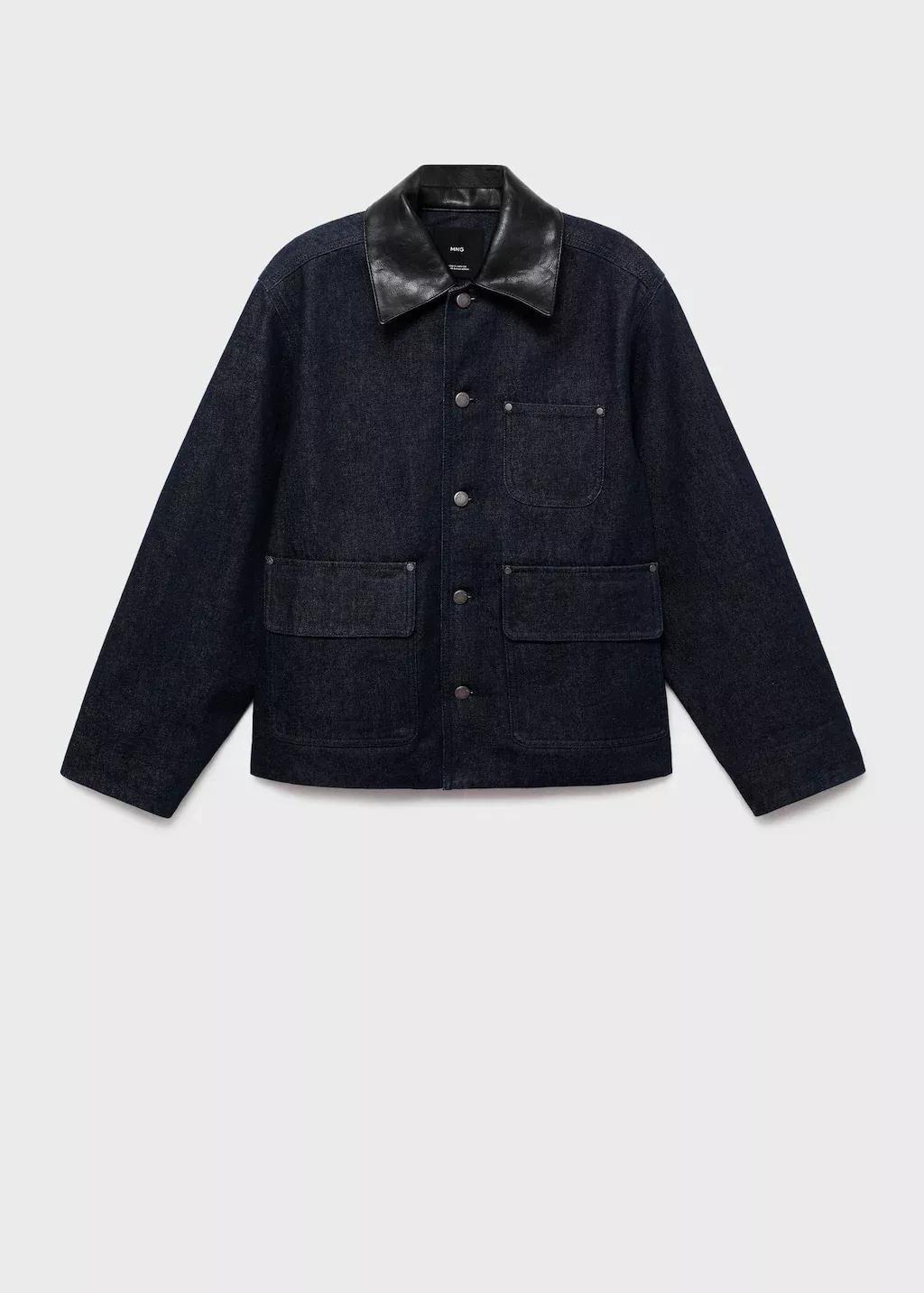 Blue Denim Jacket With Leather-Effect Collar, Open Blue, large image number 0