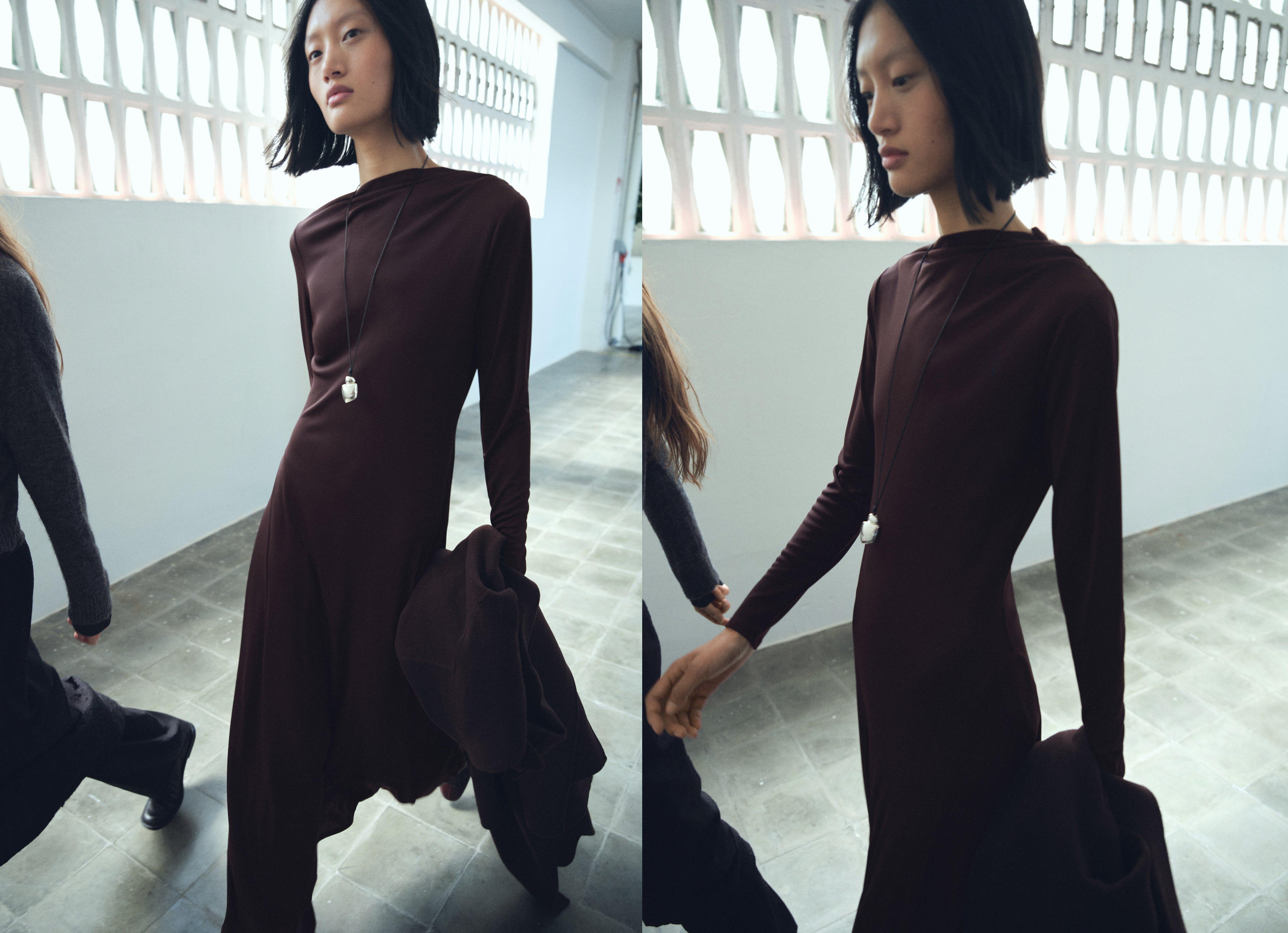 BROWN A-line dress with asymmetrical neckline, 0201_30, large image number 2