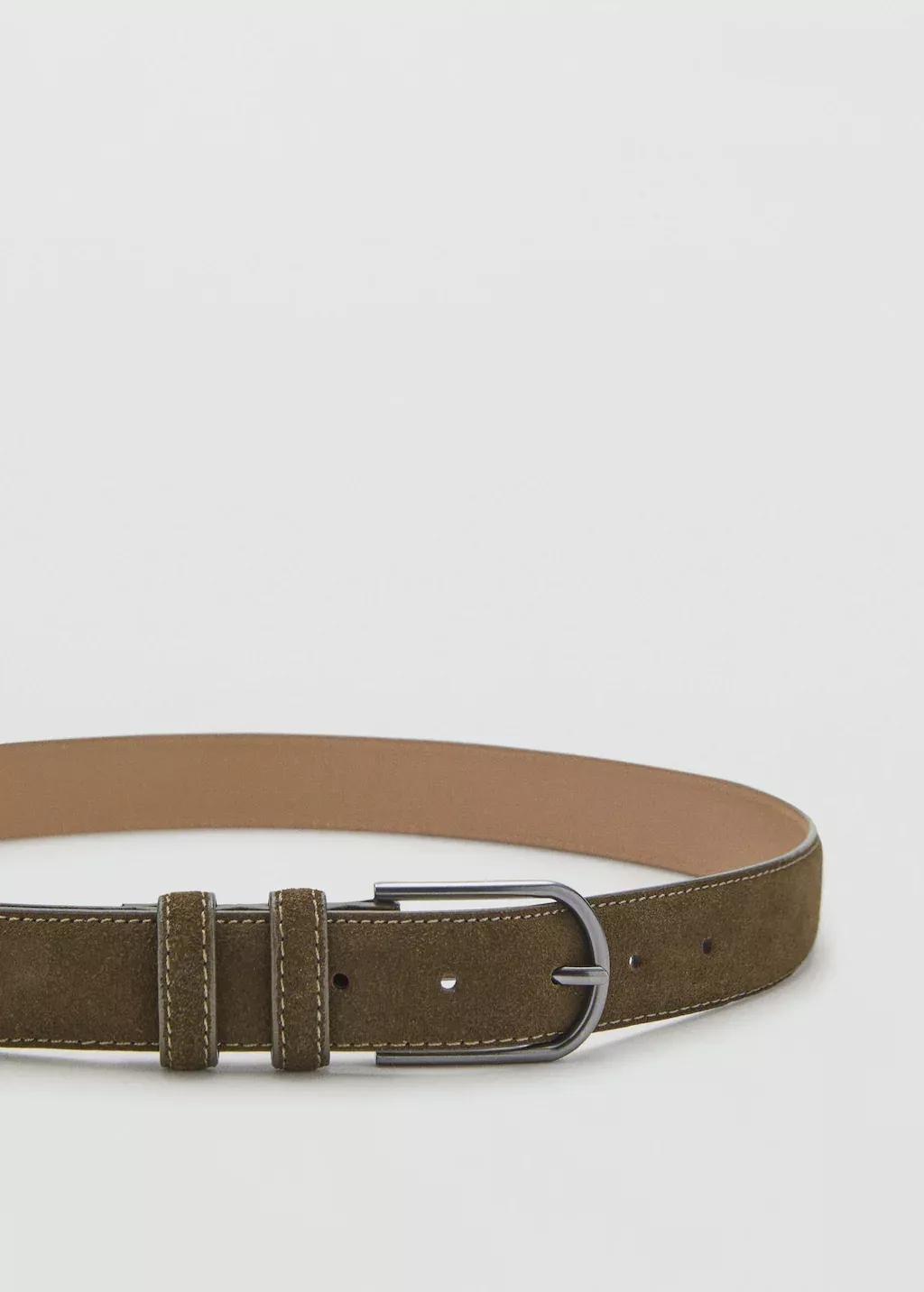 Khaki Suede Leather Belt, Beige - Khaki, large image number 1