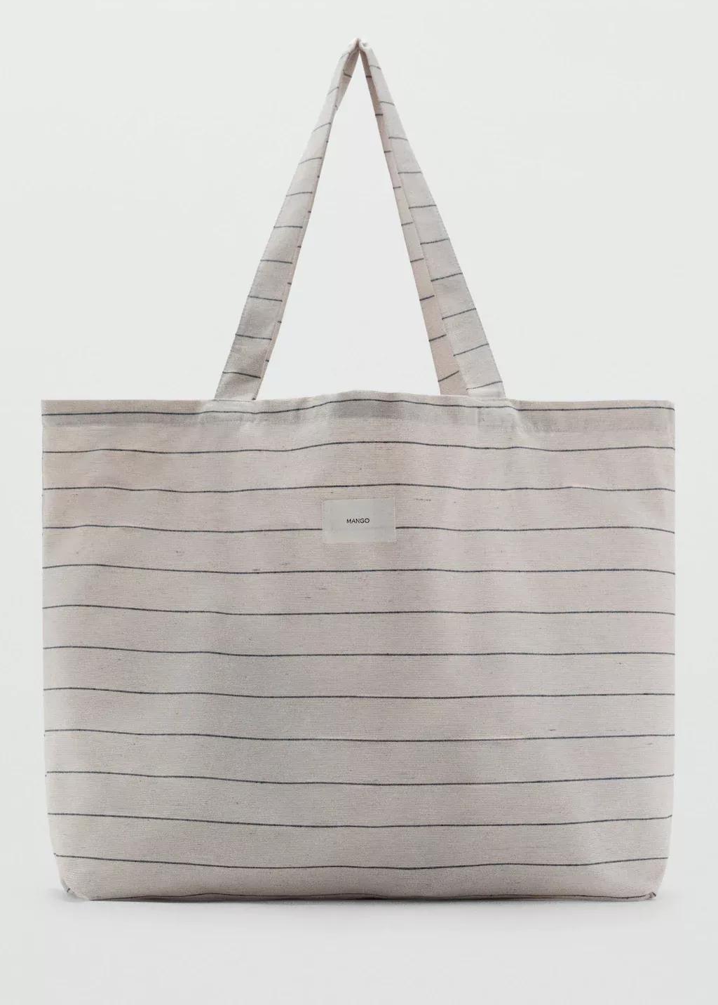 Beige Striped Shopper Bag, 0201_05, large image number 8