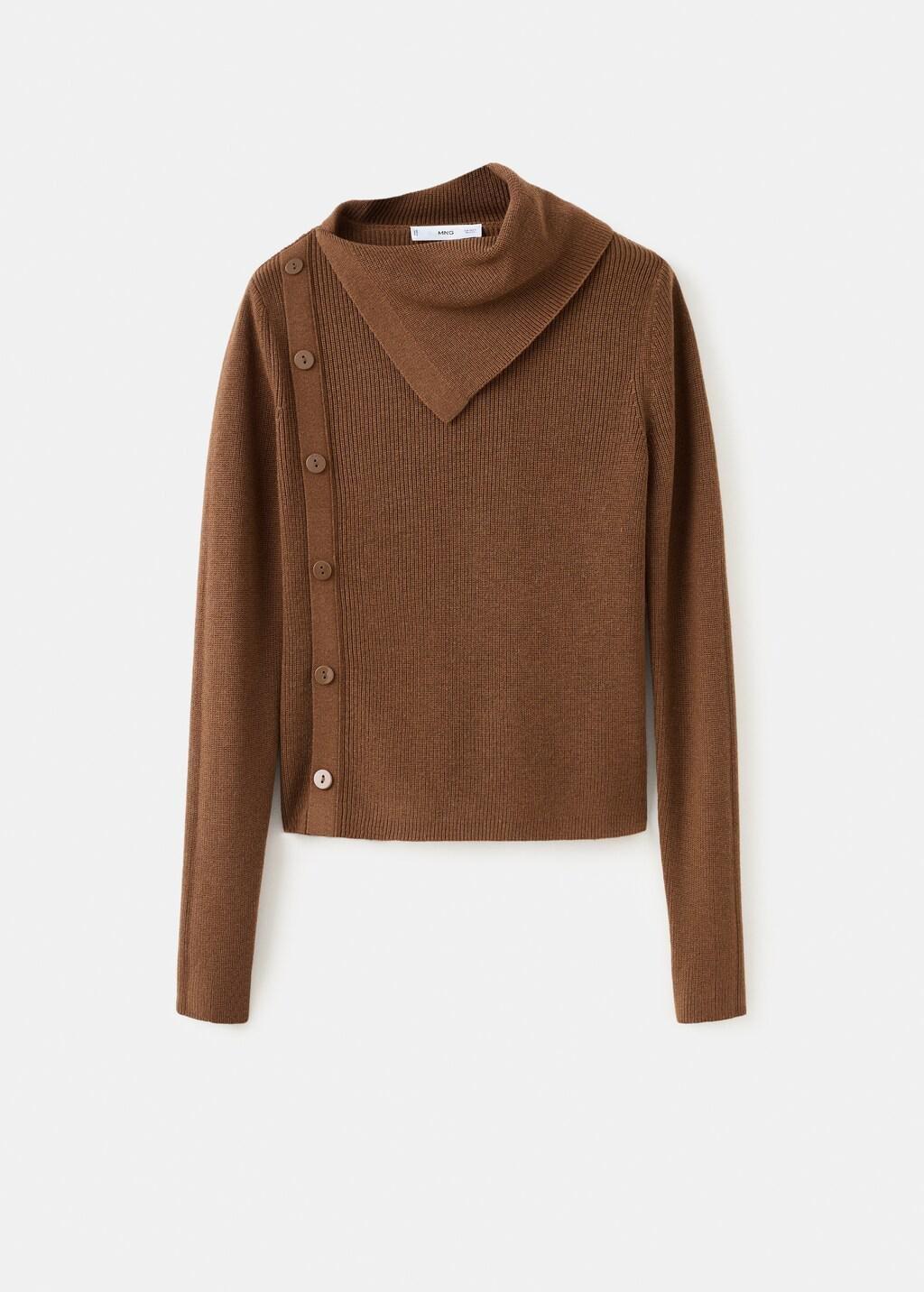 Brown Sweater With Asymmetrical Neck And Buttons, Dark Brown, large image number 0